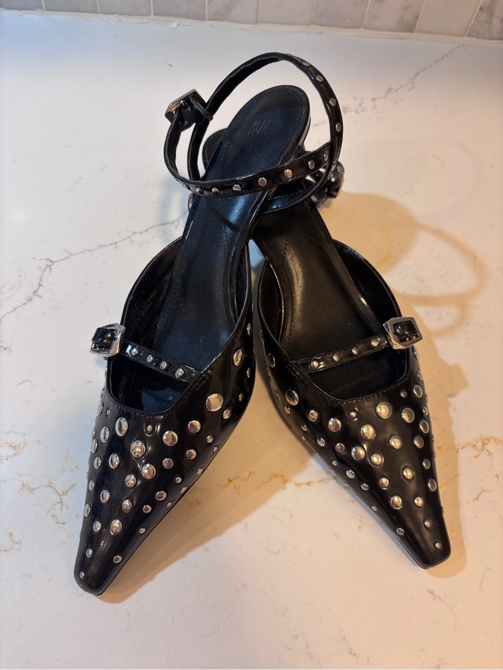 H&M Black Pointed Mary Jane Flats with Silver Studs - Women